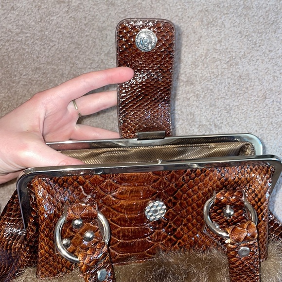 Brown Faux Fur + Faux Crocodile Skin Handbag Purse with Rhinestone Studs - Picture 3 of 7